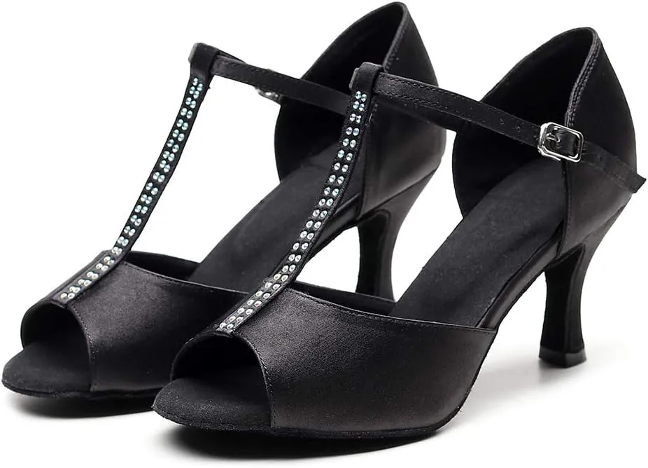 Women Rhinestones Latin Salsa Performance Dance Shoes Wedding Dancing Sandals with T Strap
