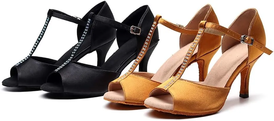 Women Rhinestones Latin Salsa Performance Dance Shoes Wedding Dancing Sandals with T Strap