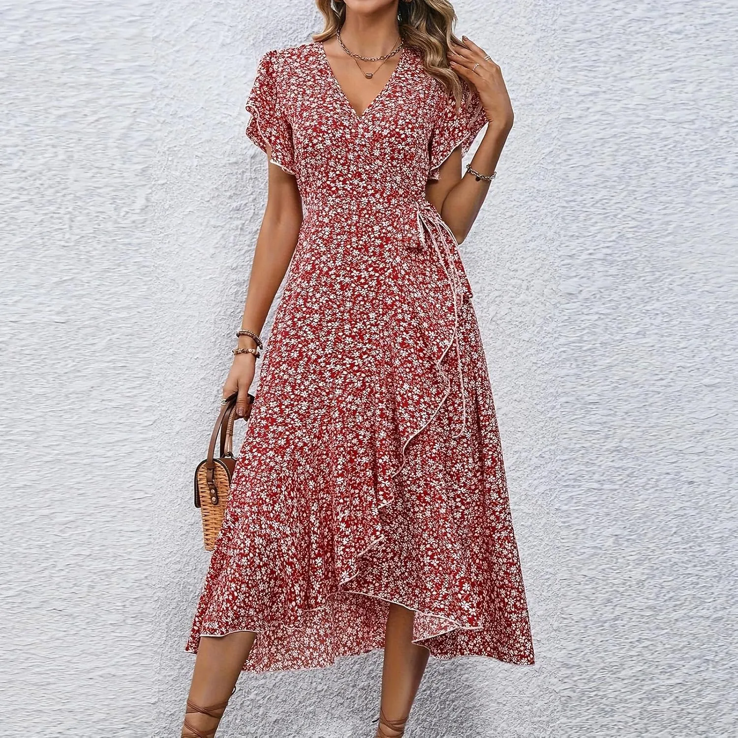 Women Summer Dresses Bohemian Floral Casual Wrap V Neck Ruffle Cap Sleeveless Belt A-Line Pleated Hem Midi Sun Dress
