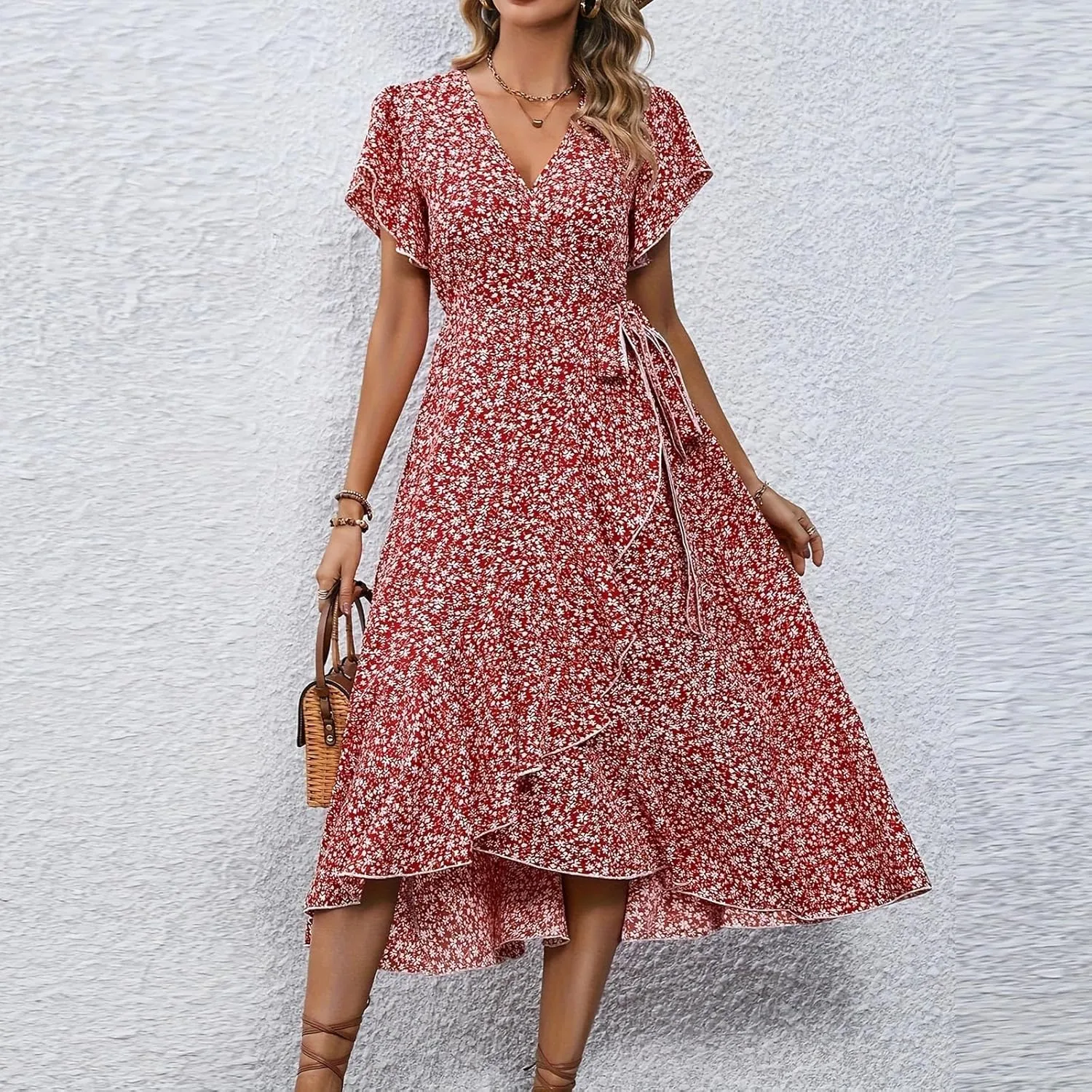 Women Summer Dresses Bohemian Floral Casual Wrap V Neck Ruffle Cap Sleeveless Belt A-Line Pleated Hem Midi Sun Dress