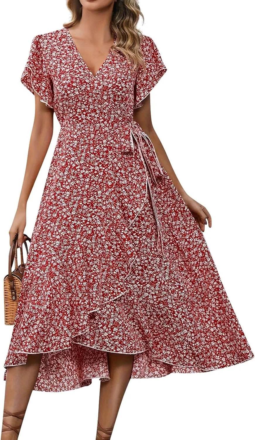Women Summer Dresses Bohemian Floral Casual Wrap V Neck Ruffle Cap Sleeveless Belt A-Line Pleated Hem Midi Sun Dress