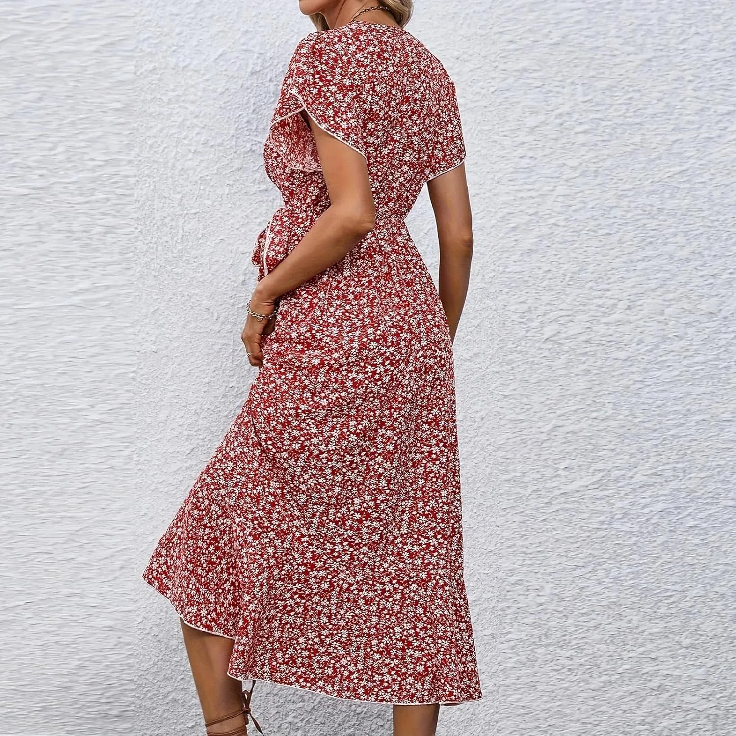 Women Summer Dresses Bohemian Floral Casual Wrap V Neck Ruffle Cap Sleeveless Belt A-Line Pleated Hem Midi Sun Dress