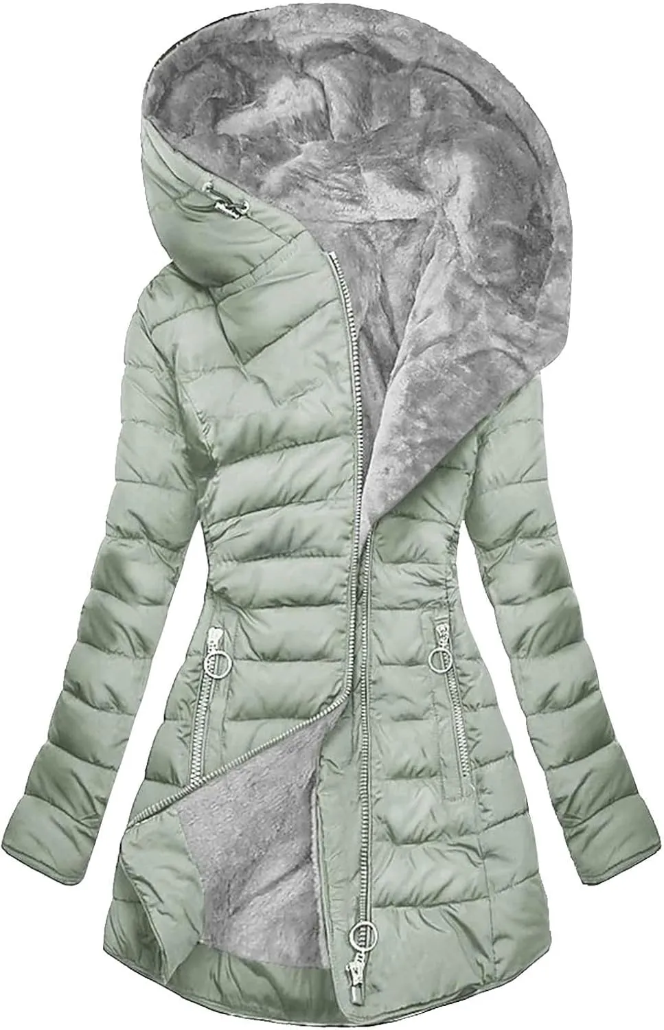Women Winter Warm Coats Plush Fleece Lined Jackets with Pockets Zip Up Hoodie Quilted Puffer Padded Overcoat