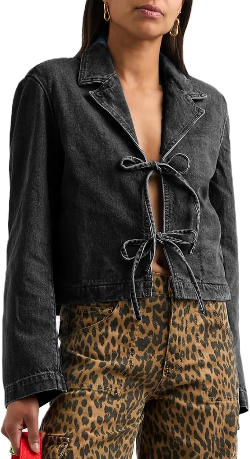 Women Y2k Tie Front Denim Jacket Vintage Lapel Neck Long Sleeve Jean Coat Loose Fit Classic Jean Shirts