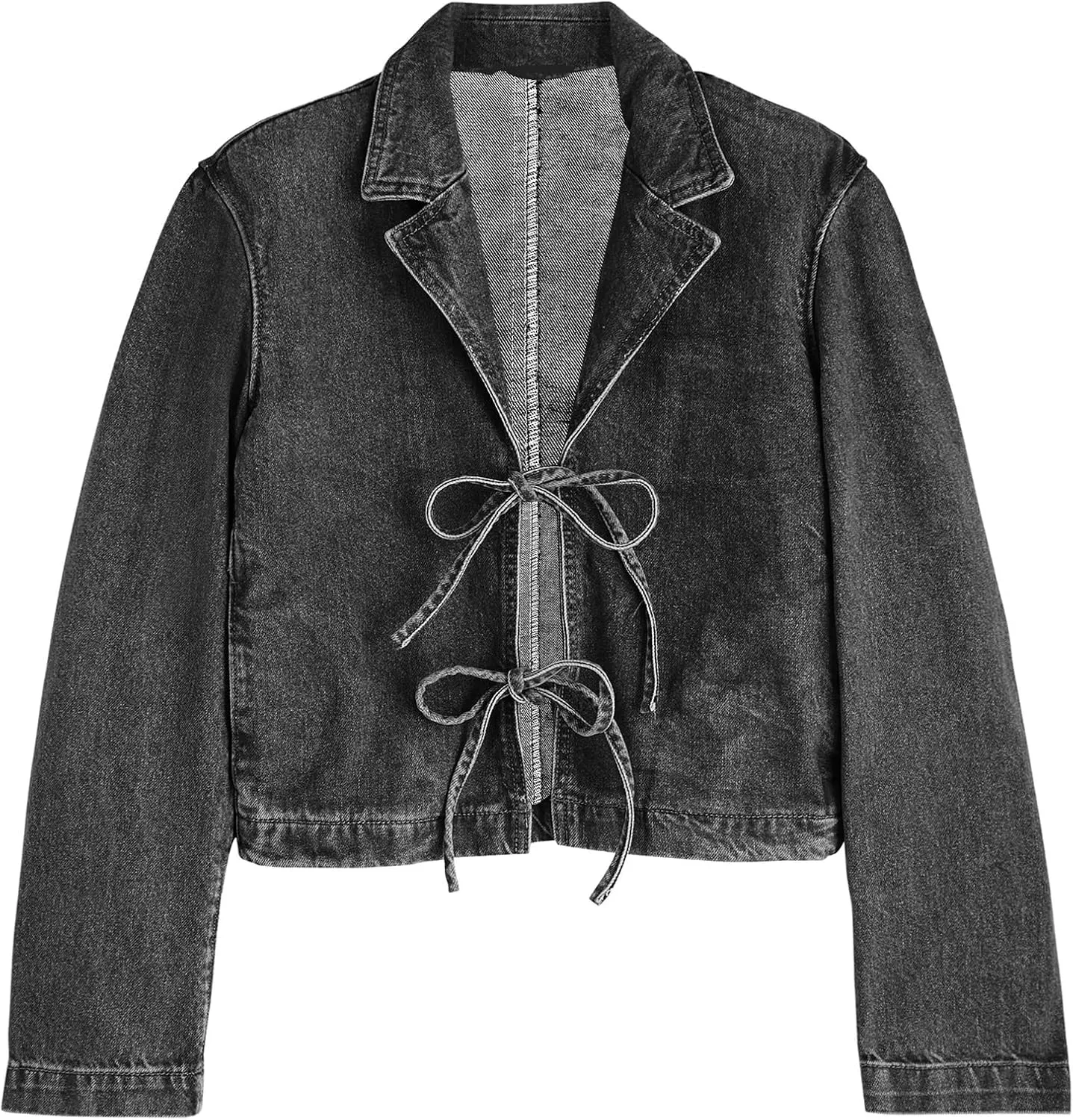 Women Y2k Tie Front Denim Jacket Vintage Lapel Neck Long Sleeve Jean Coat Loose Fit Classic Jean Shirts