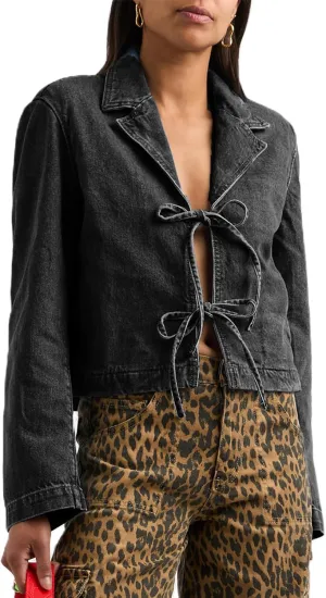 Women Y2k Tie Front Denim Jacket Vintage Lapel Neck Long Sleeve Jean Coat Loose Fit Classic Jean Shirts