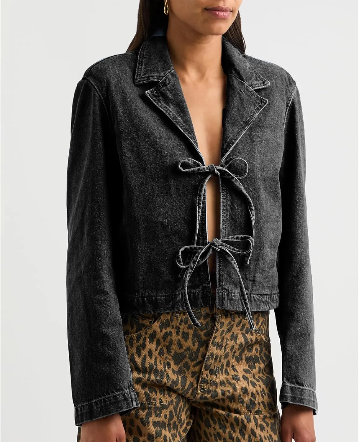 Women Y2k Tie Front Denim Jacket Vintage Lapel Neck Long Sleeve Jean Coat Loose Fit Classic Jean Shirts
