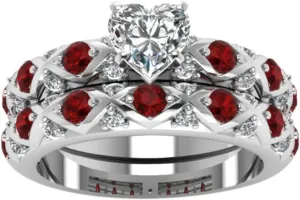 Women's 2pc Gold Filled Red CZ Heart Shaped Wedding Engagement Ring Bridal Sets Jewelry Popular Accessories