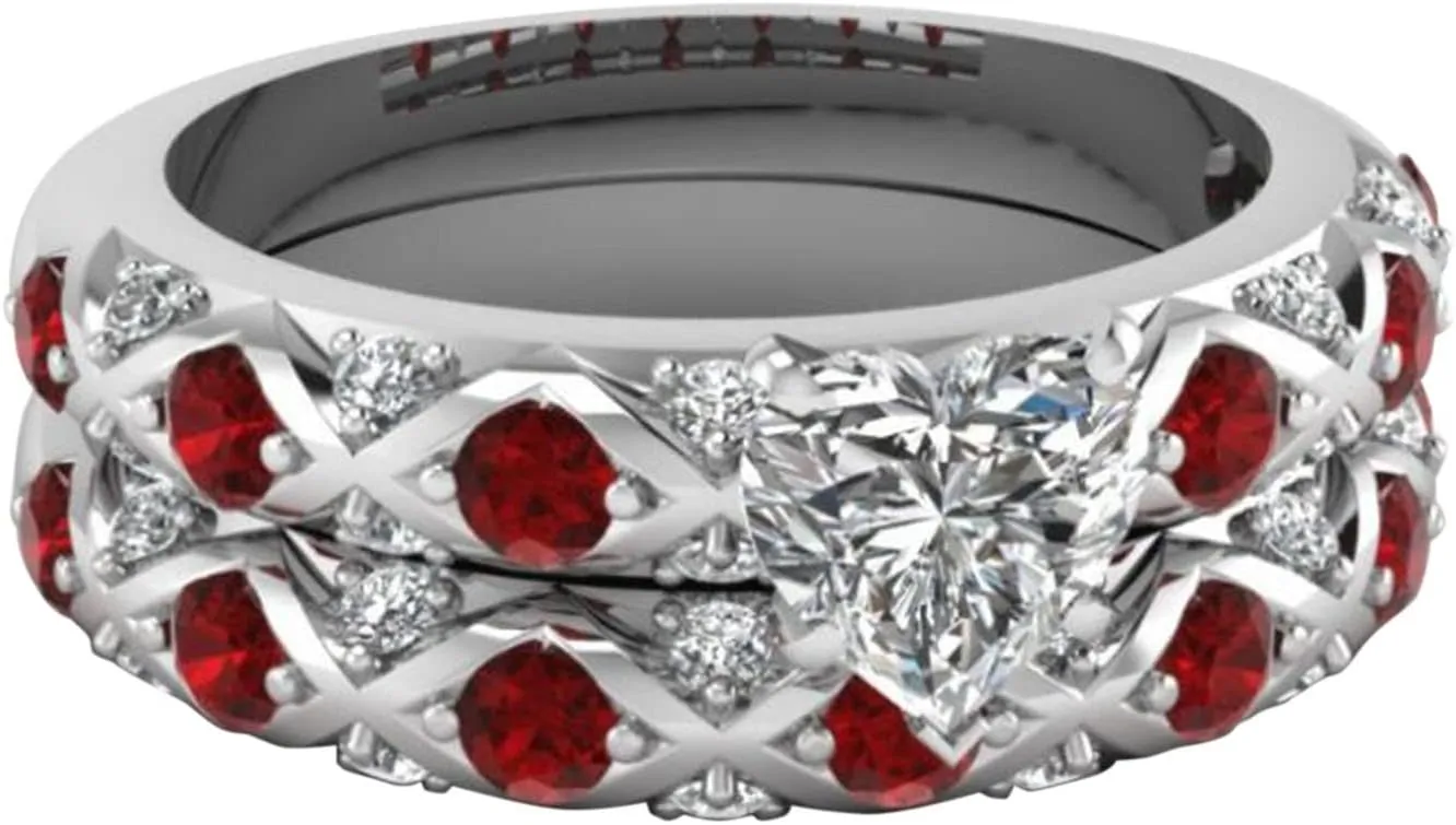 Women's 2pc Gold Filled Red CZ Heart Shaped Wedding Engagement Ring Bridal Sets Jewelry Popular Accessories