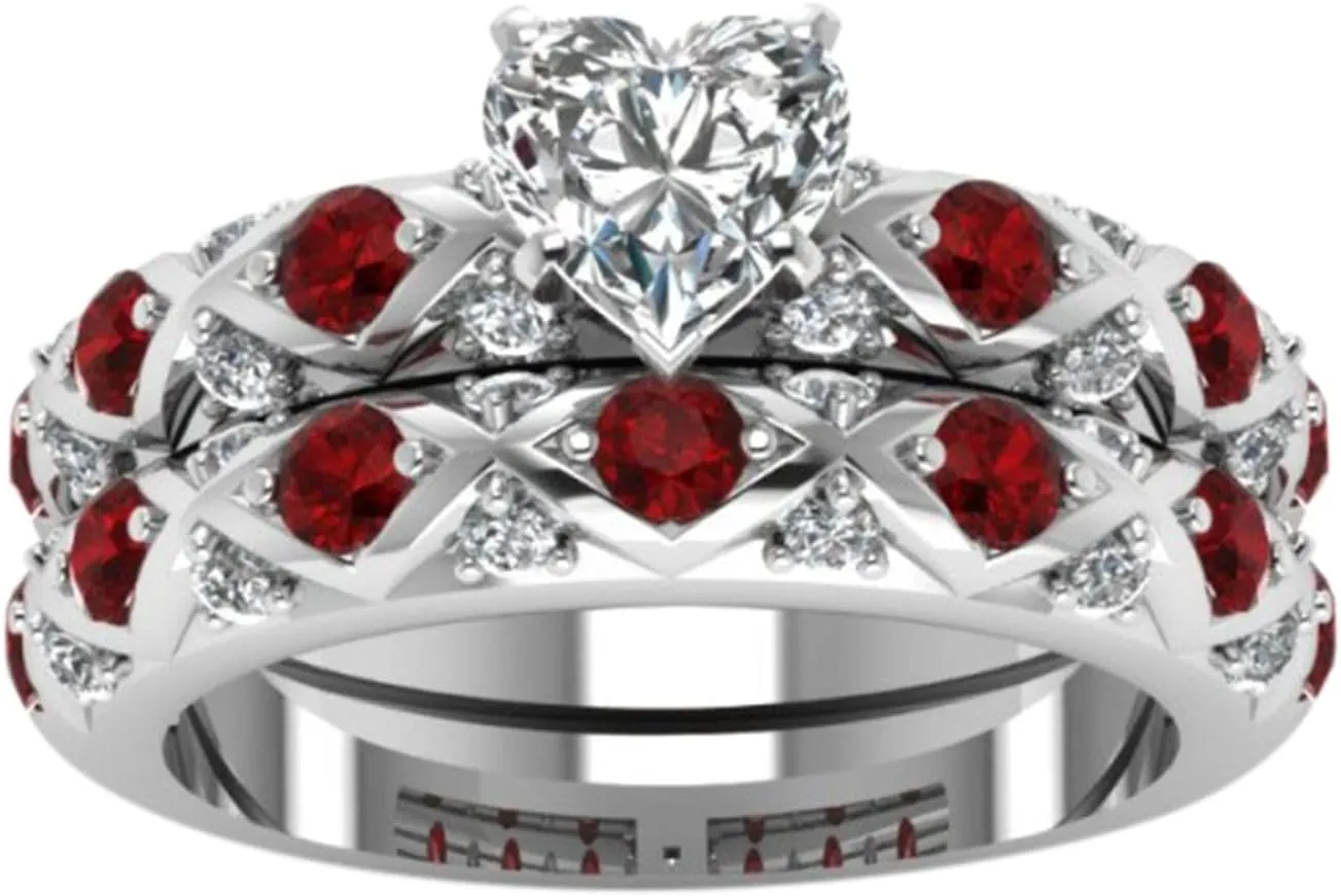 Women's 2pc Gold Filled Red CZ Heart Shaped Wedding Engagement Ring Bridal Sets Jewelry Popular Accessories