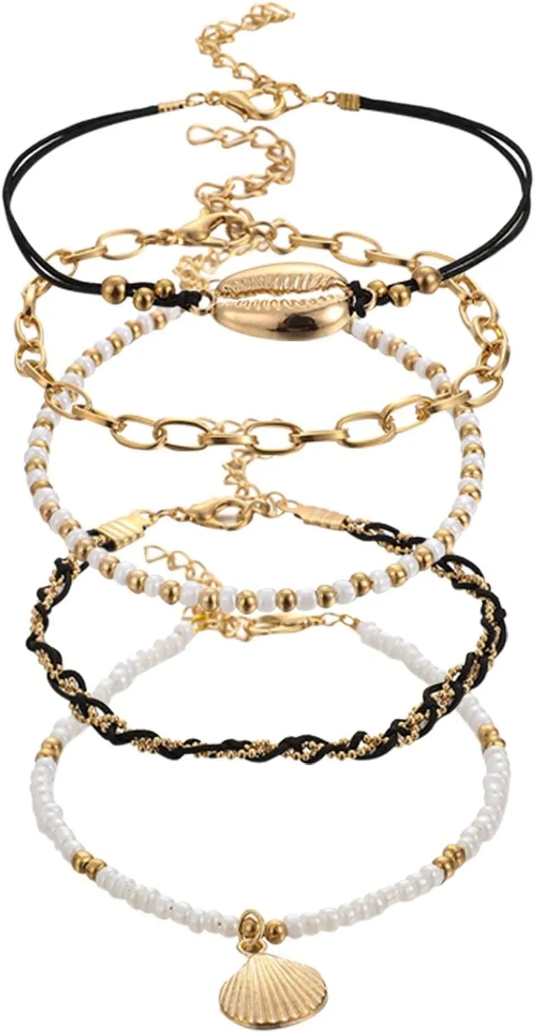 Women's Anklets, 5PCS Gold Boho Layer Anklets For Women Seashell Pendant Foot Chains Beads Charm Beach Bracelet Anklets