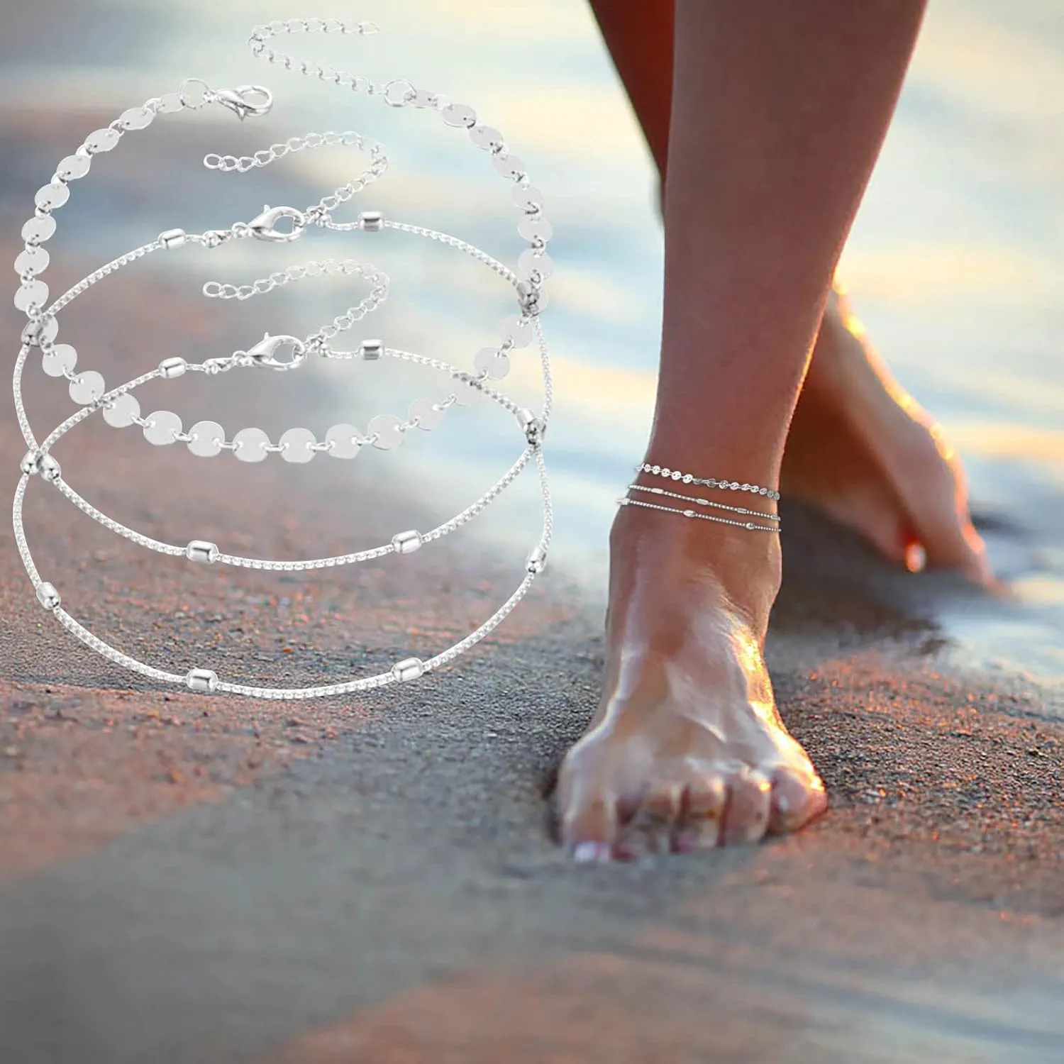 Women's Anklets Filled with Personalized Anklets Beach Feet Jewelry Gift 3 Layer Anklet Simplicity Anklet Pearl Bracelet for Men (Silver, One Size)