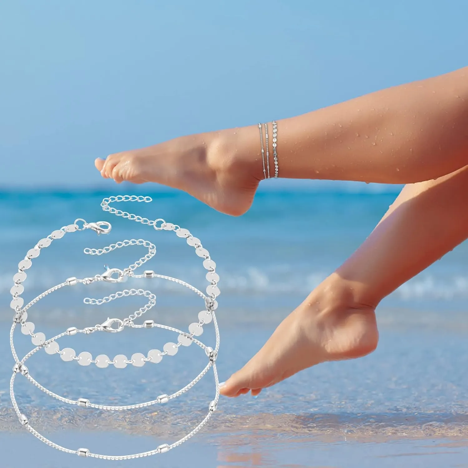 Women's Anklets Filled with Personalized Anklets Beach Feet Jewelry Gift 3 Layer Anklet Simplicity Anklet Pearl Bracelet for Men (Silver, One Size)
