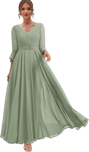 Women's Chiffon Mother of The Bride Dresses with Sleeves Long Formal Dress for Wedding V Neck Evening Gown