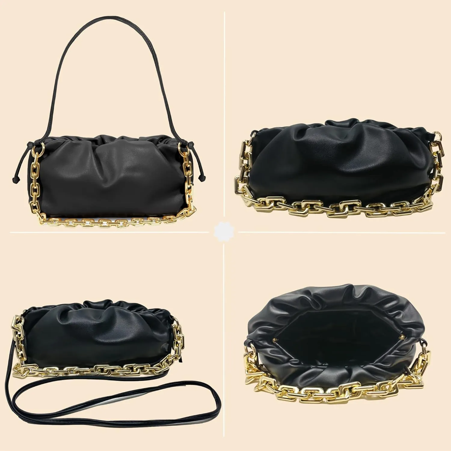 Women's Clutch Purse Bag | Cloud-Shaped Dumpling Chain Pouch | Ruched Chain Link Shoulder Handbag