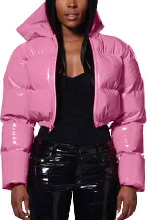 Women's Coat Ladies Autumn And Winter Warm Short Shiny Padded Hooded Leather Jacket Womens Jackets