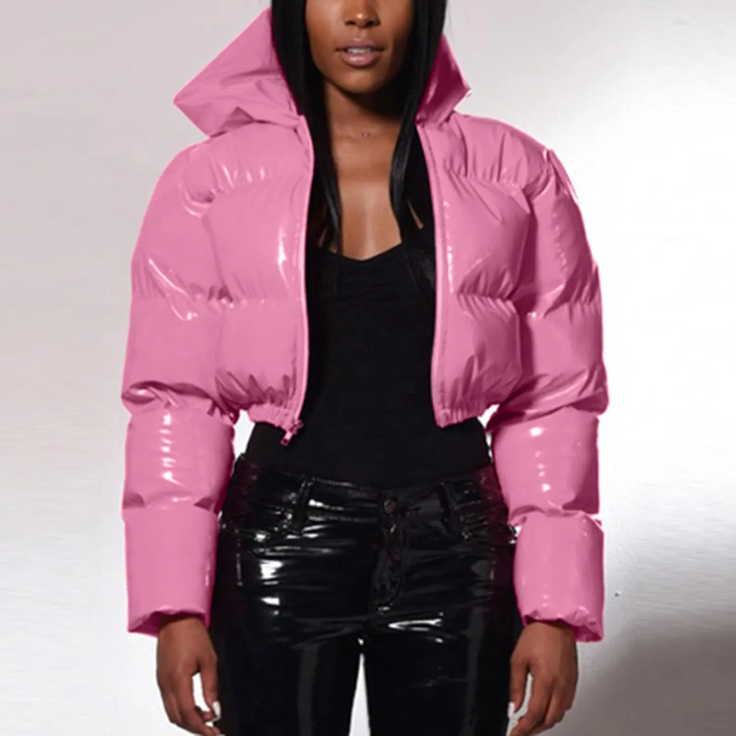 Women's Coat Ladies Autumn And Winter Warm Short Shiny Padded Hooded Leather Jacket Womens Jackets