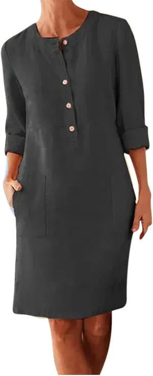 Women's Cotton Linen Dress Summer Midi Dresses with Pockets Business Dress 3/4 Sleeve Button Up Shirt Dress