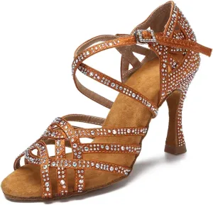 Women's Cuban Heel Ballroom Shoes - Salsa Silver Rhinestone Party Sandals, 5CM/2Inch Heel Height
