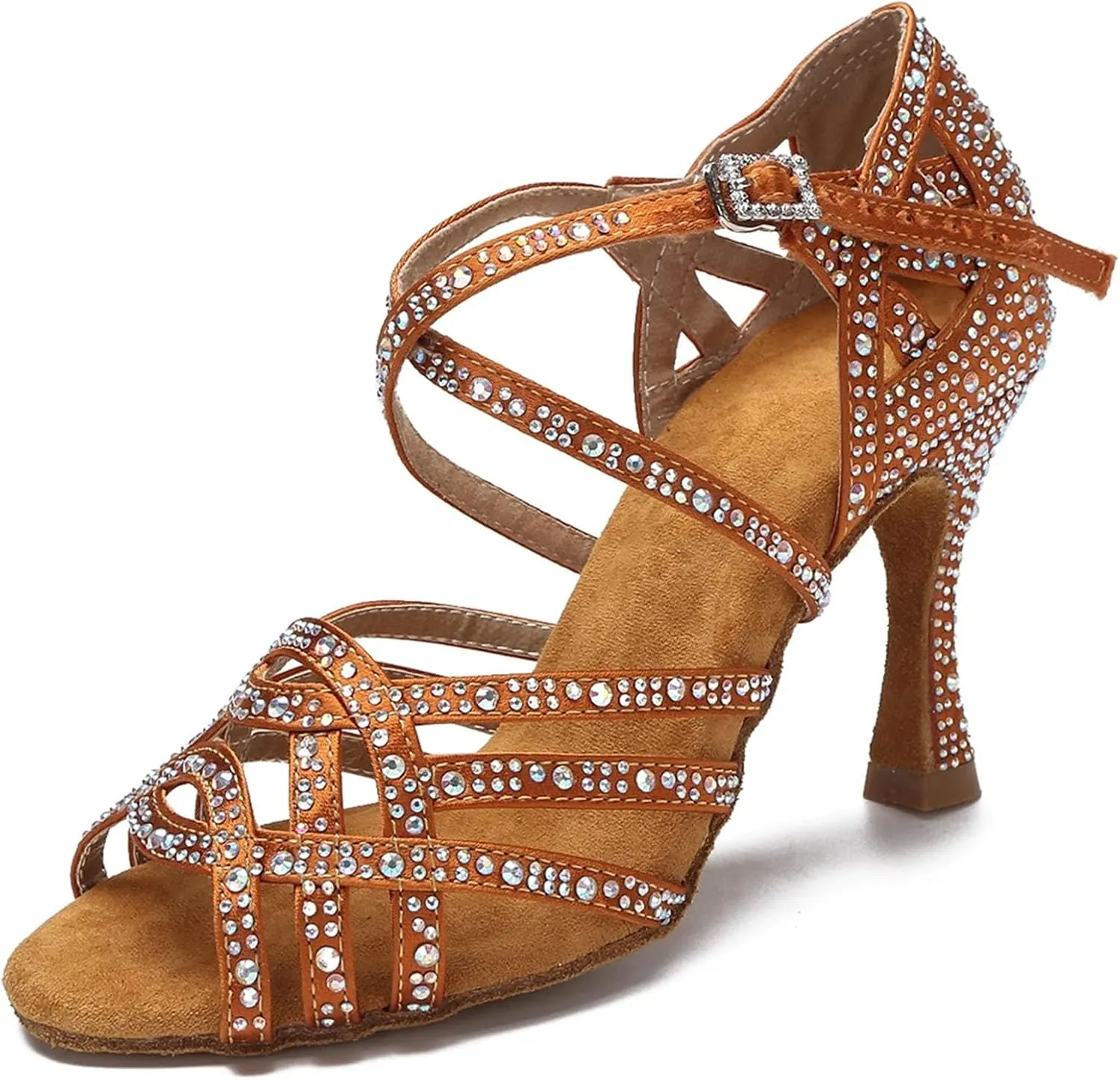 Women's Cuban Heel Ballroom Shoes - Salsa Silver Rhinestone Party Sandals, 5CM/2Inch Heel Height