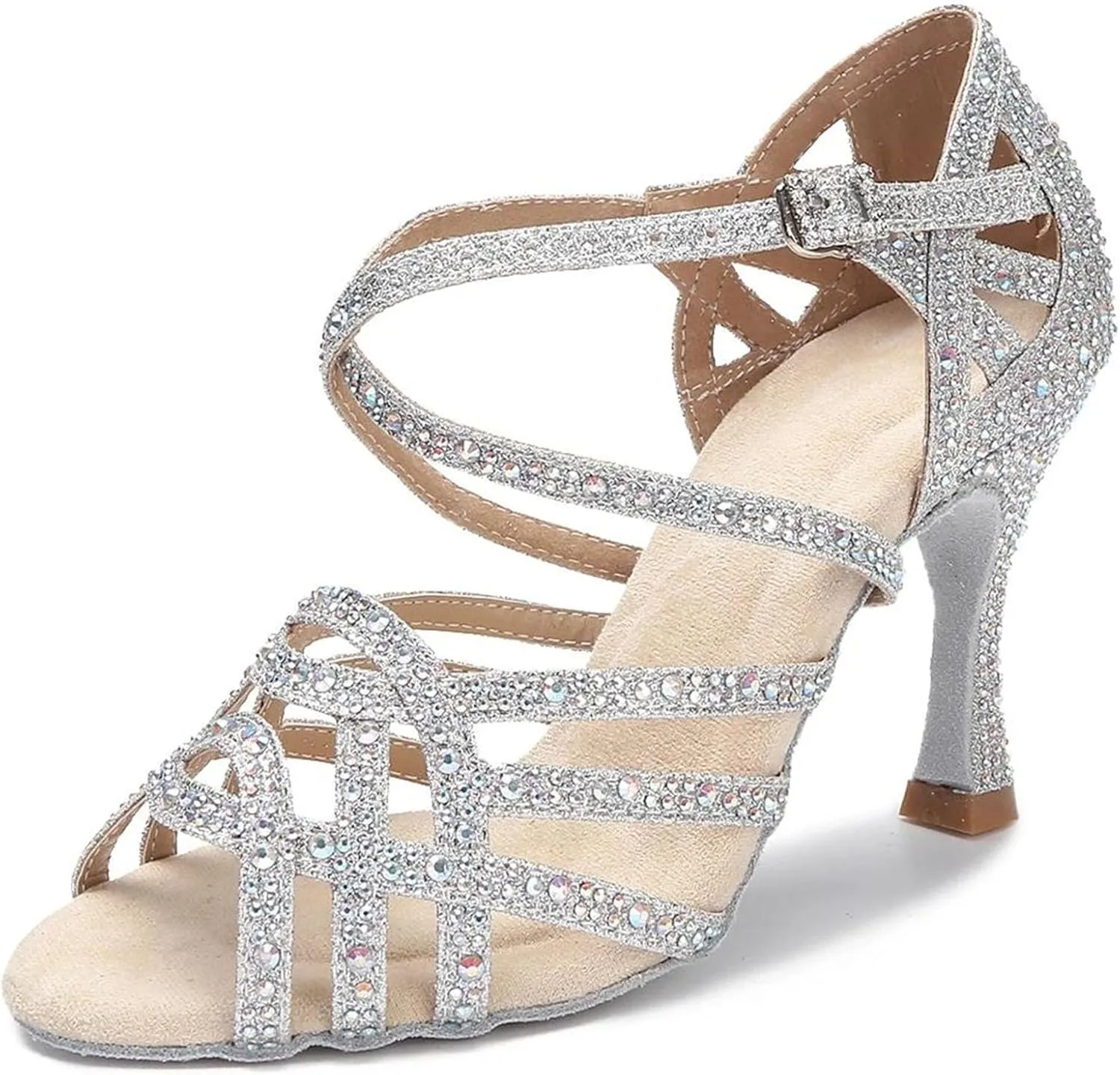 Women's Cuban Heel Ballroom Shoes - Salsa Silver Rhinestone Party Sandals, 5CM/2Inch Heel Height