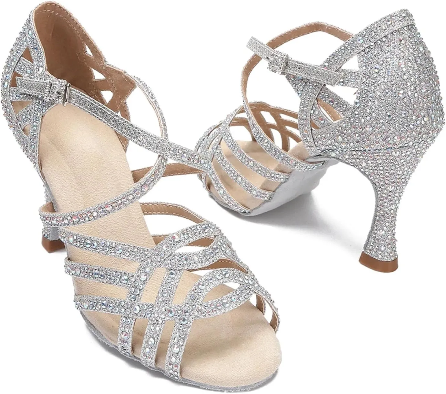 Women's Cuban Heel Ballroom Shoes - Salsa Silver Rhinestone Party Sandals, 5CM/2Inch Heel Height