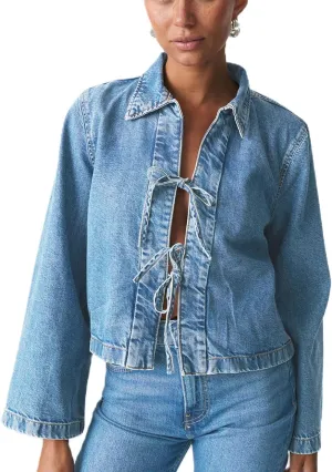 Womens Denim Jackets Shirt Y2k Casual Loose Fit Tie Front Tops Fashion Jean Coat