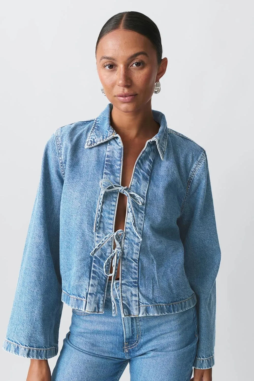 Womens Denim Jackets Shirt Y2k Casual Loose Fit Tie Front Tops Fashion Jean Coat