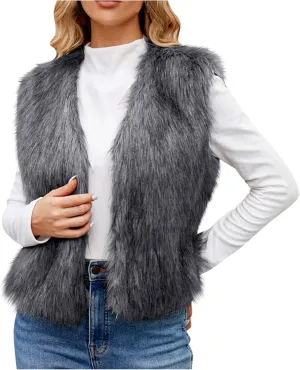 Womens Elegant Faux Furry Coat Ladies Warm Fur Jacket Winter Solid V-Neck Sleeveless Cardigan Outerwear