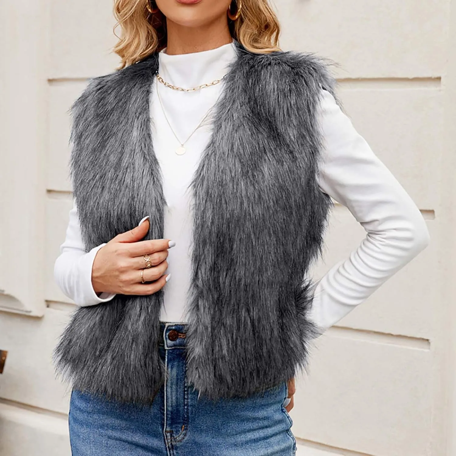 Womens Elegant Faux Furry Coat Ladies Warm Fur Jacket Winter Solid V-Neck Sleeveless Cardigan Outerwear