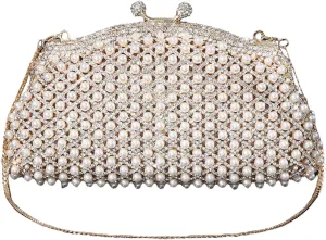 Women's Evening Clutches Bag Pearls Handbag Purse with Detachable Chain Strap for Wedding Party Night Out