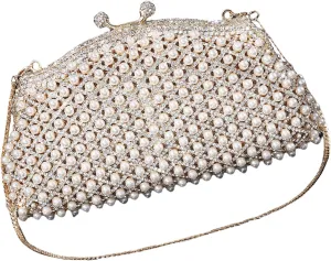 Women's Evening Clutches Bag Pearls Handbag Purse with Detachable Chain Strap for Wedding Party Night Out