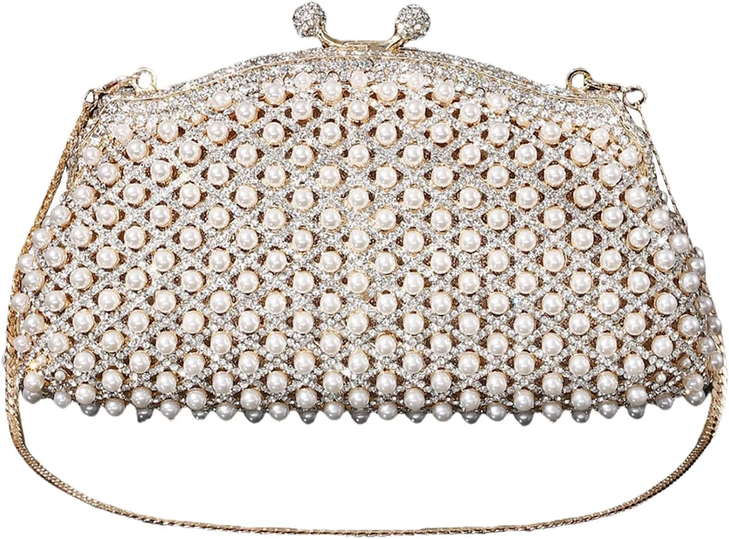 Women's Evening Clutches Bag Pearls Handbag Purse with Detachable Chain Strap for Wedding Party Night Out