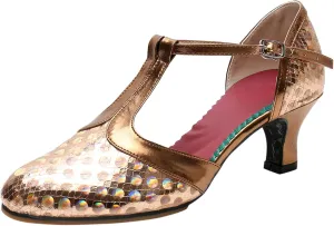 Women's Latin Dance Shoes Closed Toe Low Heels Block Ankle Buckle Strap Ballroom Soft Footbed Party Sandals