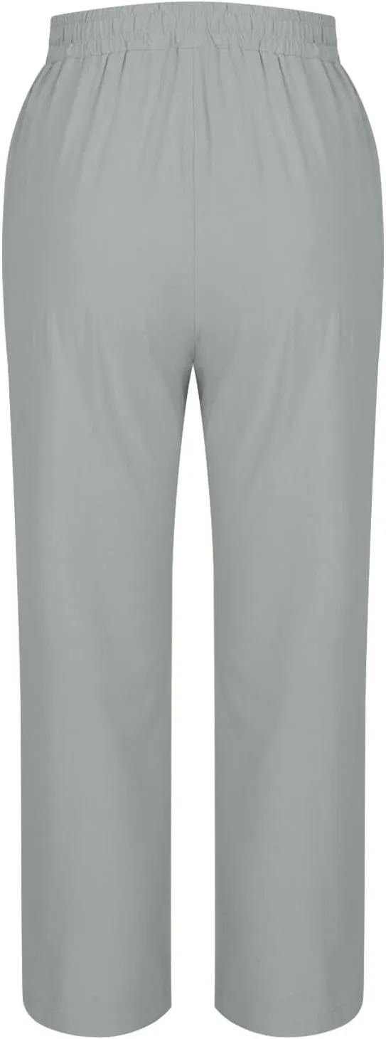 Women's Linen Capris Pant Casual Side Button Linen Beach Pants Women Elastic Waisted Straight Cropped Trousers Pockets