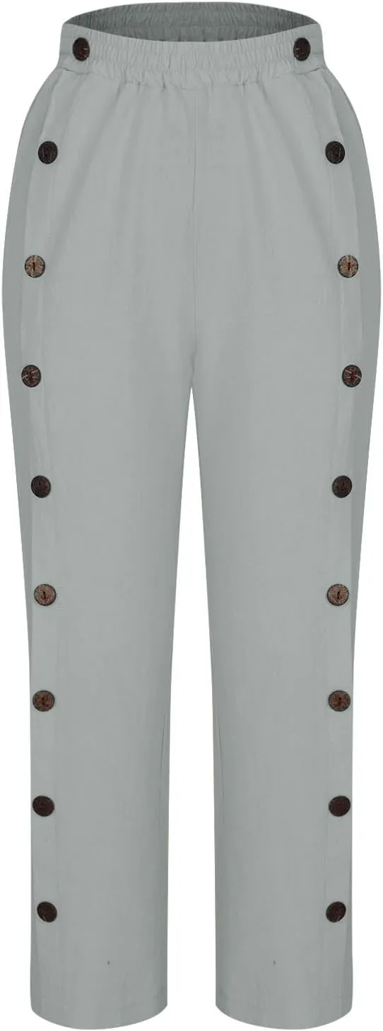 Women's Linen Capris Pant Casual Side Button Linen Beach Pants Women Elastic Waisted Straight Cropped Trousers Pockets