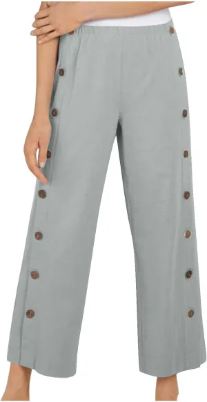 Women's Linen Capris Pant Casual Side Button Linen Beach Pants Women Elastic Waisted Straight Cropped Trousers Pockets