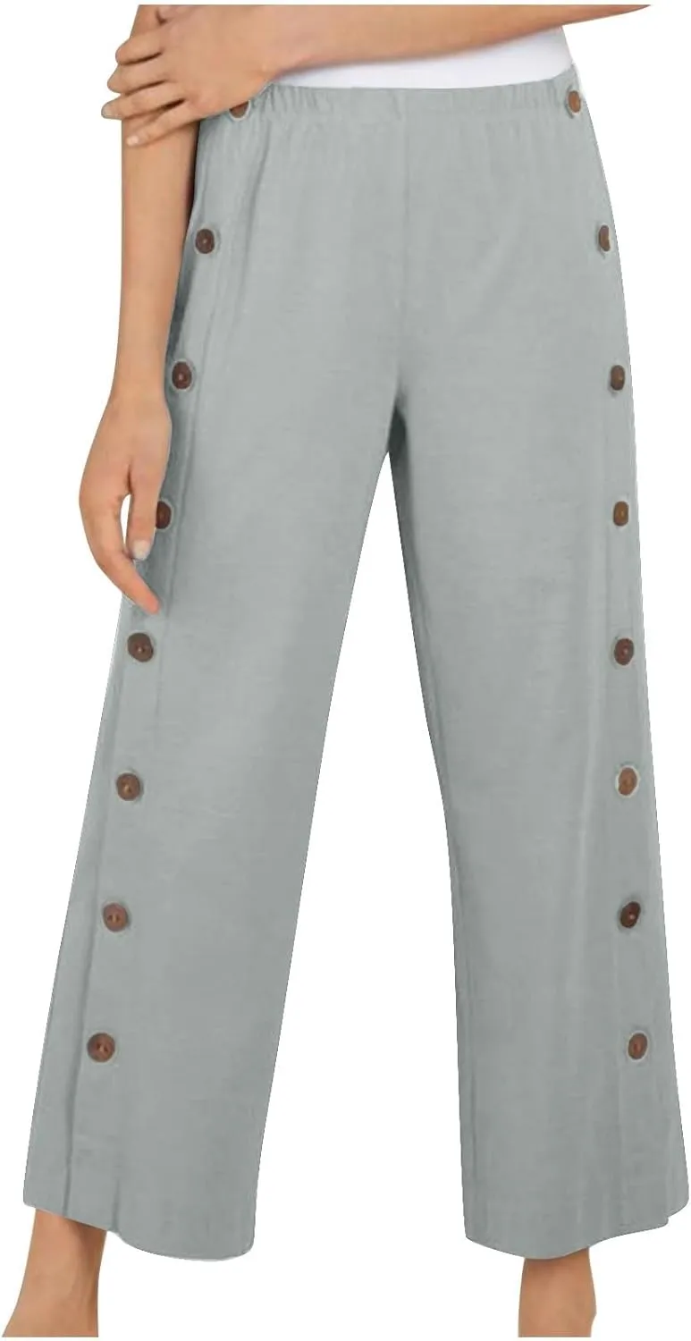 Women's Linen Capris Pant Casual Side Button Linen Beach Pants Women Elastic Waisted Straight Cropped Trousers Pockets