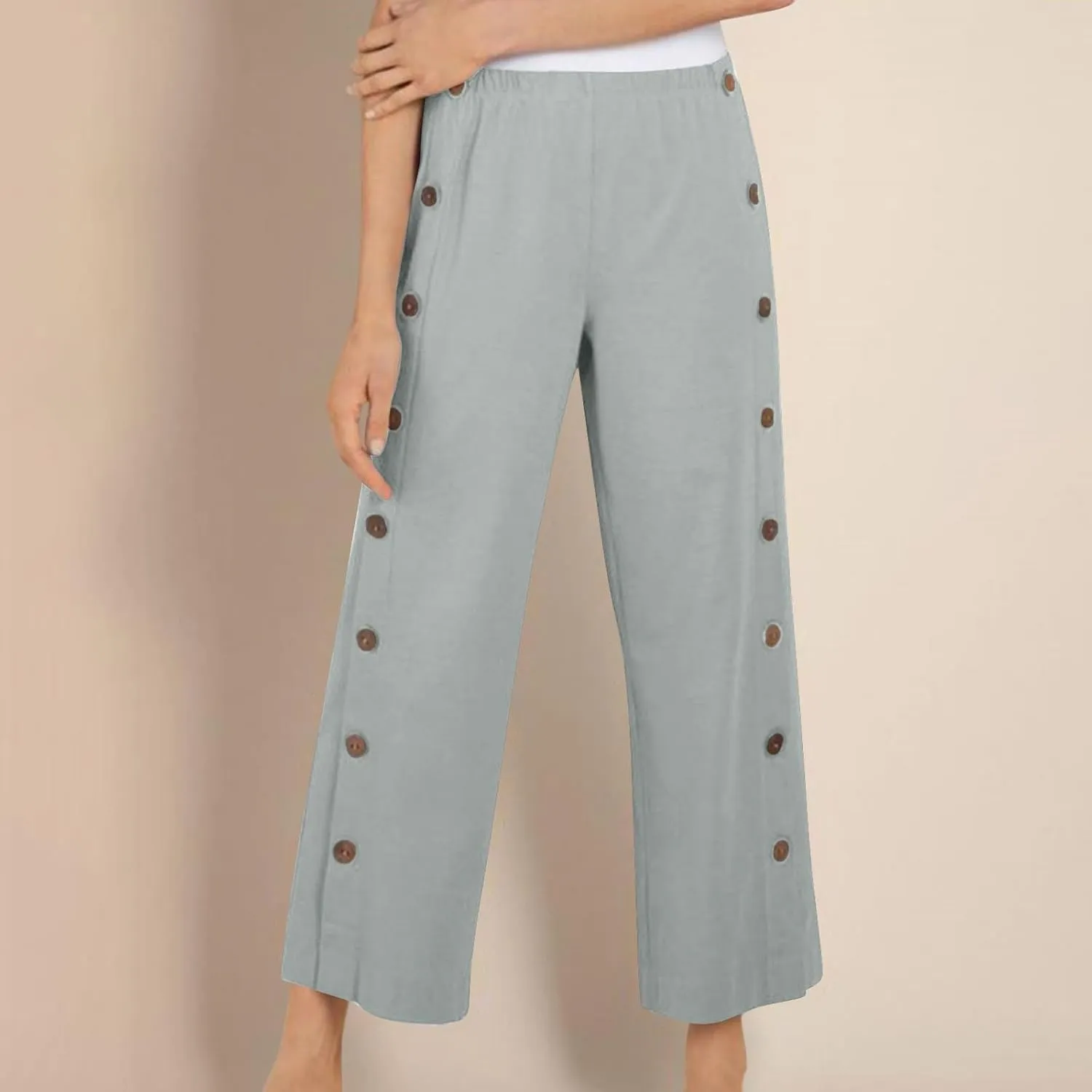 Women's Linen Capris Pant Casual Side Button Linen Beach Pants Women Elastic Waisted Straight Cropped Trousers Pockets