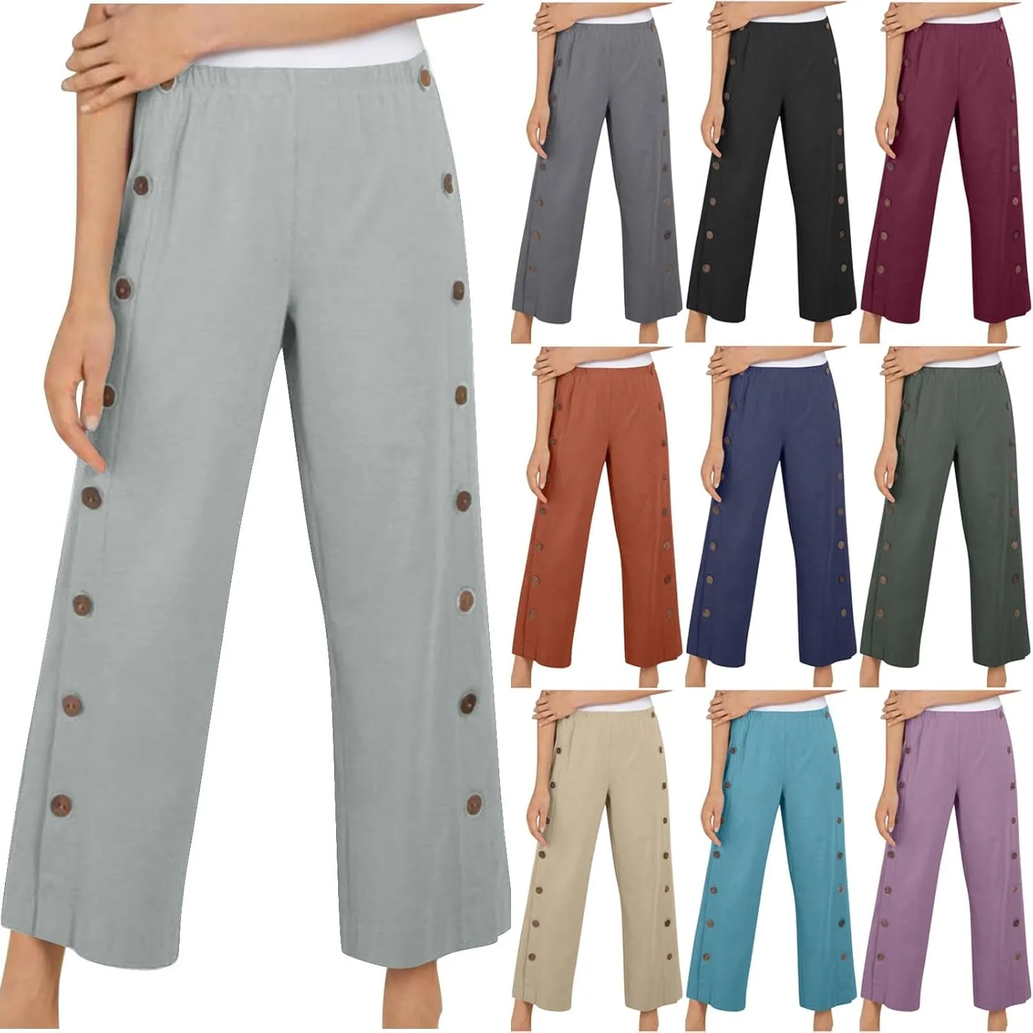 Women's Linen Capris Pant Casual Side Button Linen Beach Pants Women Elastic Waisted Straight Cropped Trousers Pockets