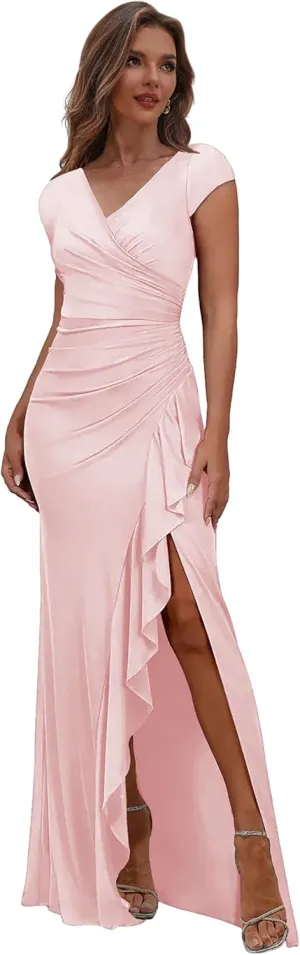 Women's Long Mother of The Bride Dresses for Wedding Pleated Chiffon Mermaid Formal Evening Dress with Sleeves