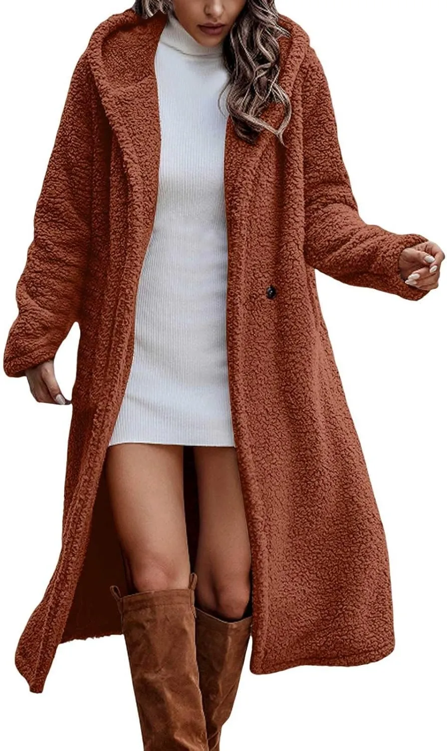Womens Long Sleeve Jackets Sherpa Lined Solid Color Fuzzy Fleece Open Front Long Jacket Oversized Hooded Cardigan