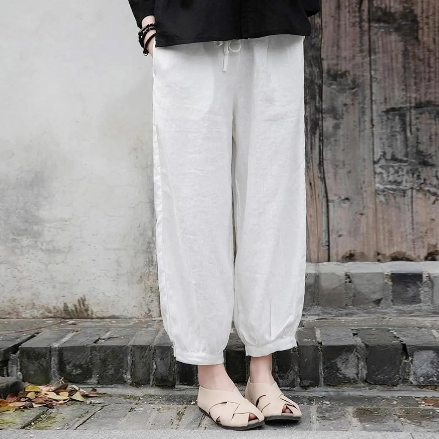 Womens Loose Harem Pants High Waist Casual Baggy Wide Leg Trousers Drawstring Breathable Beach Slacks with Pockets