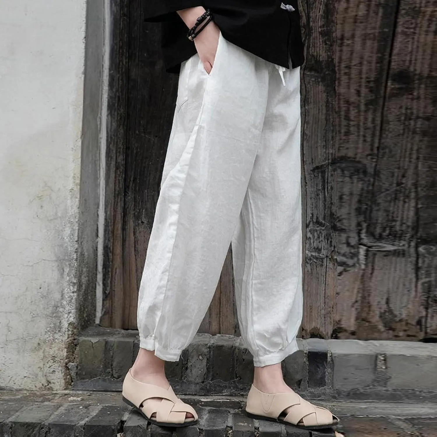 Womens Loose Harem Pants High Waist Casual Baggy Wide Leg Trousers Drawstring Breathable Beach Slacks with Pockets
