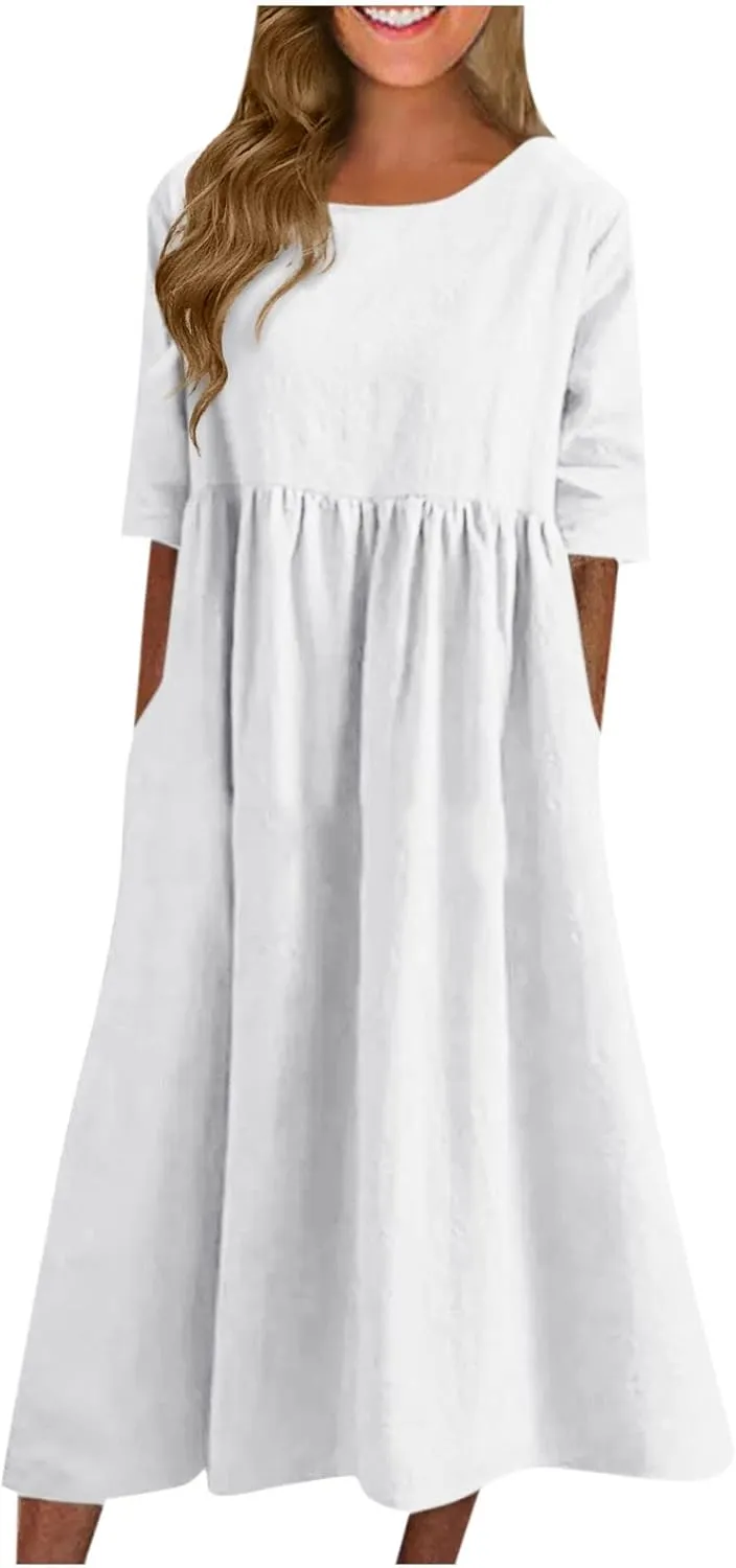 Women's Maxi Dresses 2025 Summer Casual Loose Trendy Short Sleeve Round Neck Solid Color Beach Holiday Dress, S-5XL