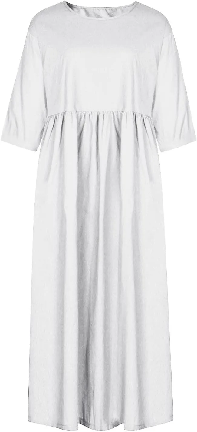Women's Maxi Dresses 2025 Summer Casual Loose Trendy Short Sleeve Round Neck Solid Color Beach Holiday Dress, S-5XL