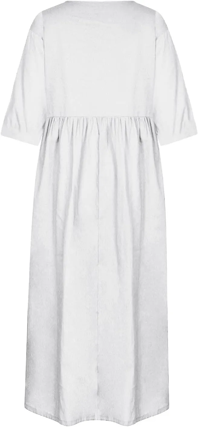 Women's Maxi Dresses 2025 Summer Casual Loose Trendy Short Sleeve Round Neck Solid Color Beach Holiday Dress, S-5XL