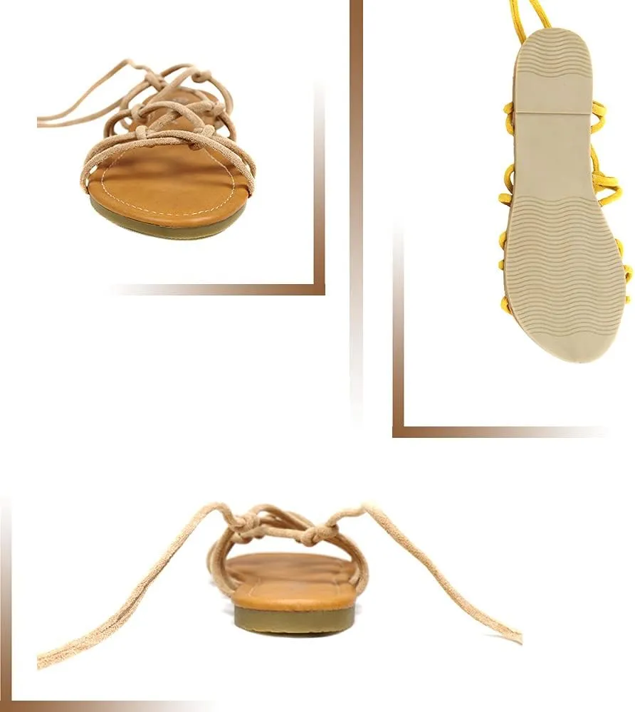 Women's Open Toe Lace Up Gladiator Flat SandalsSlip on Roman Sandals