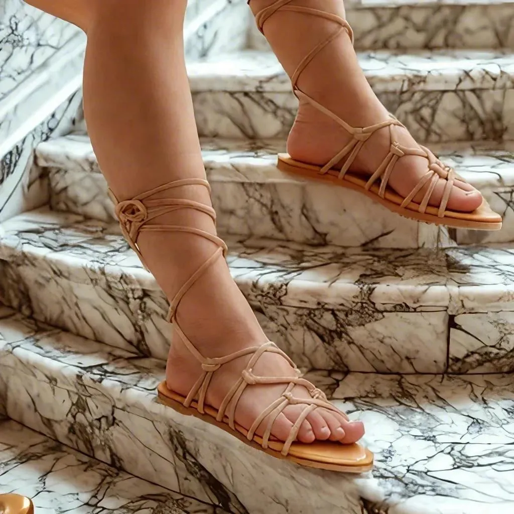 Women's Open Toe Lace Up Gladiator Flat SandalsSlip on Roman Sandals