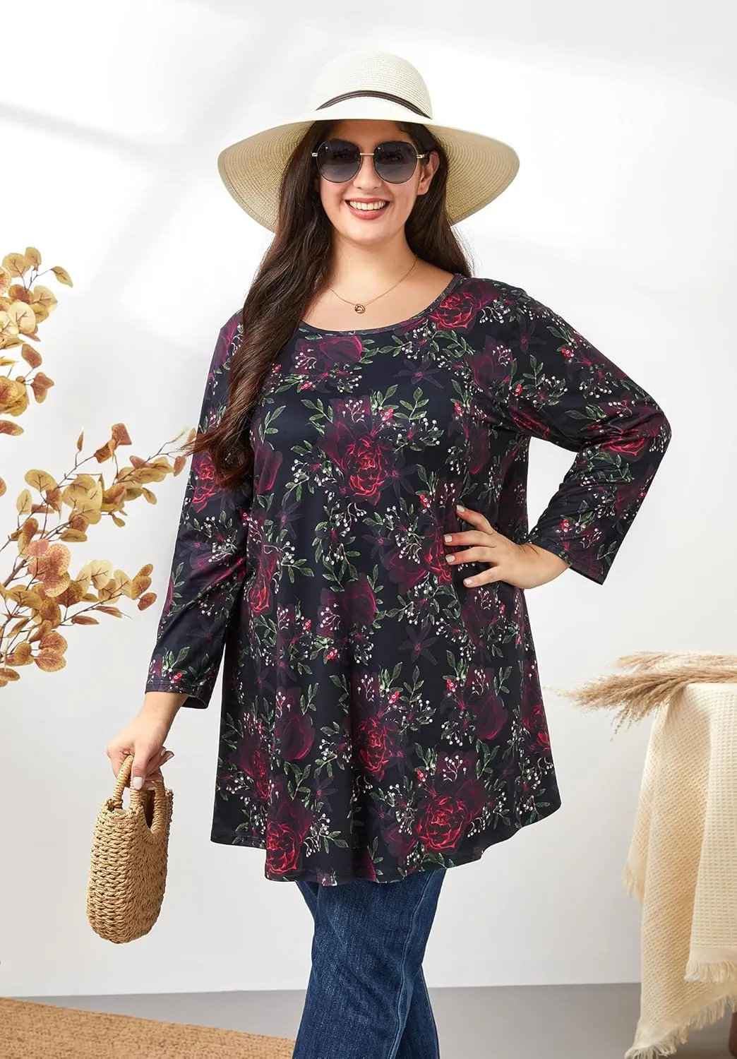 Womens Plus Size Tunic Tops 3/4 Sleeve Loose Fit Dressy Top Blouses Casual Floral Swing Fall Tunics for Leggings 1X-6X